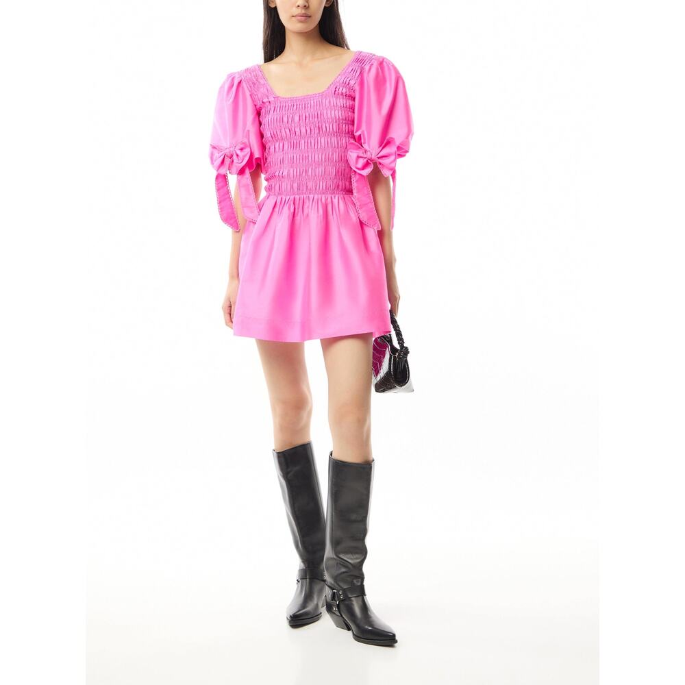 Damson Madder Lauren Pink Taffeta Babydoll Mini Dress US 6 UK 10 Puff Sleeve Bow